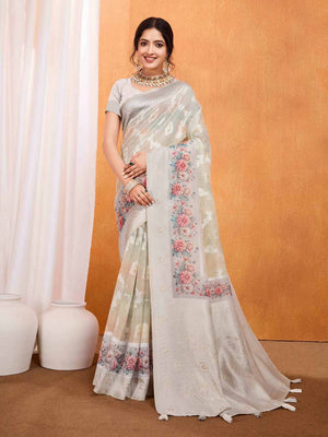 Grey Pure Cotton Lucknowi Woven Banarasi Saree With Ombre Floral Prints