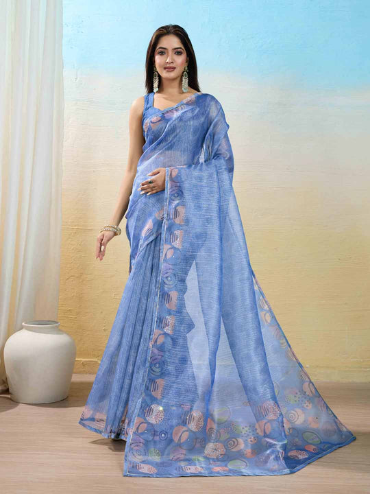 Blue Organza Zari Woven Printed Saree With Hand-Sequence Embellishment Saree With Blouse Piece