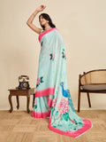 Ice Blue Chinon Saree All Over Single Colour Printed Saree With Blouse Piece