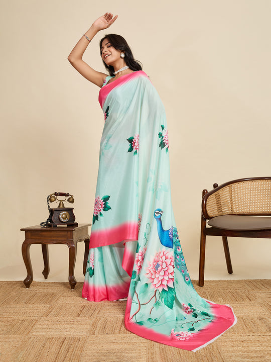 Ice Blue Chinon Saree All Over Single Colour Printed Saree With Blouse Piece