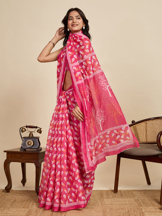 Pink Linen Saree With Jari Border All Over Single Colour Printed Saree With Blouse Piece