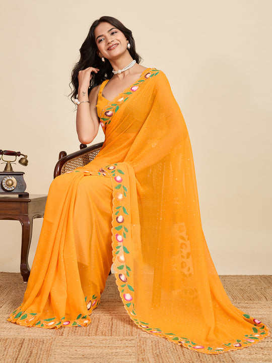 Yellow Georgette Soft Silk Saree With Blouse Piece