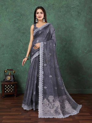 Grey Cotton Banarasi Printed Saree With Thread Embroidery Scalloping  Saree With Blouse Piece