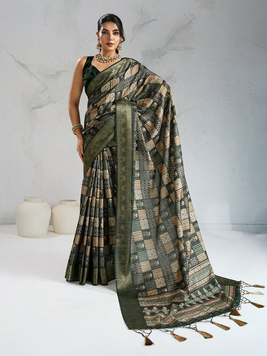Poly Silk Woven Floral Digital Printed Saree With Woven Jacquard Border And Fancy Tassels