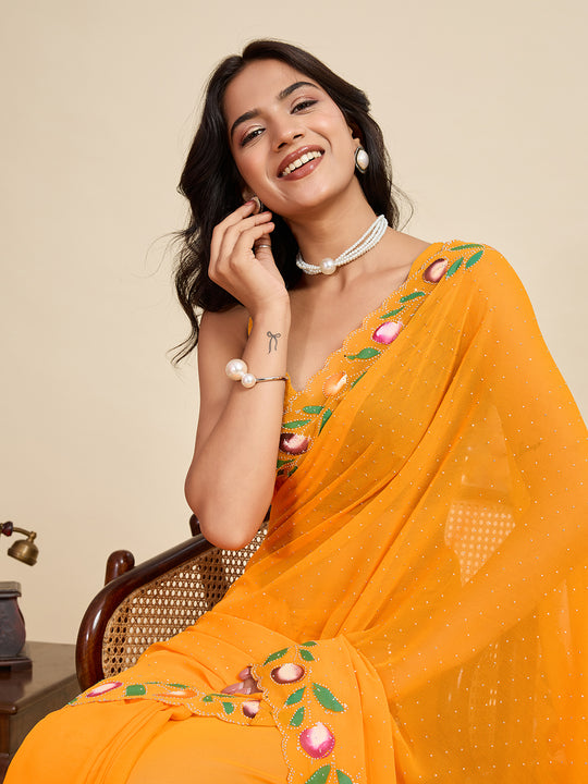 Yellow Georgette Soft Silk Saree With Blouse Piece