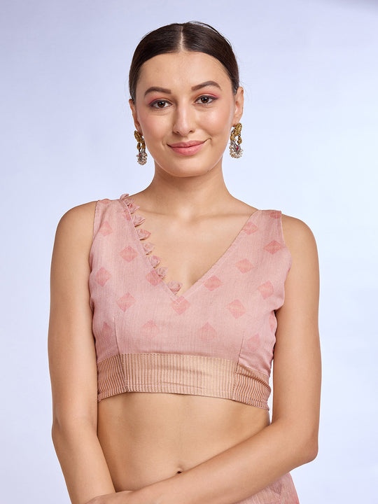 Peach Tissue Linen Blend Saree With Blouse Piece