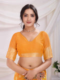Yellow Pure Chiffon Viscose Border Block Printed Saree With Blouse Piece