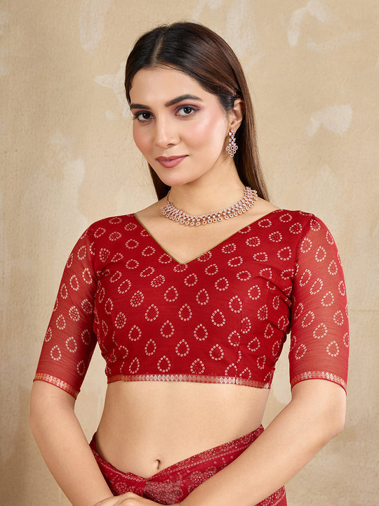 Pure Chiffon Bandhani Printed Saree With Viscose Woven Border And Blouse Piece