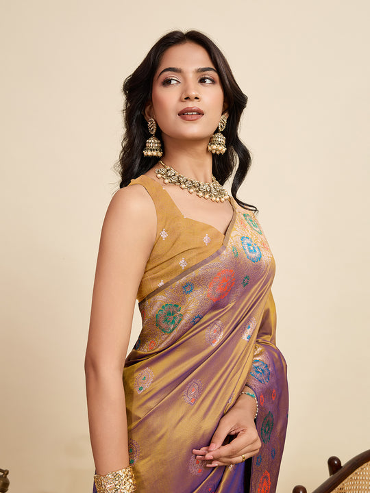 Gold Pure Jacquard Fabrics With Sona Chandi Pure Zari Work Saree With Blouse Piece