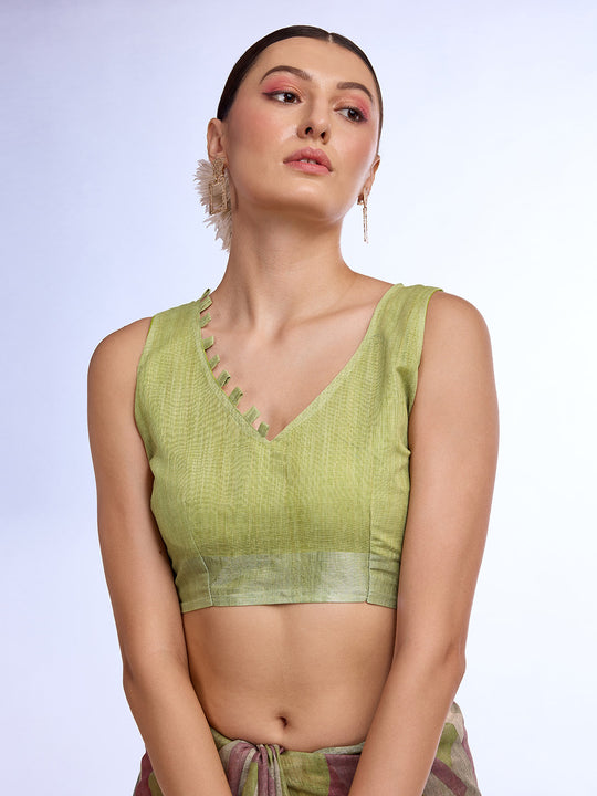 Green Linen Blend Saree With Blouse Piece