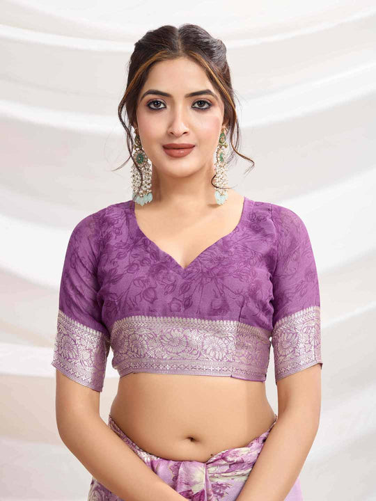 Pink Silk Chiffon Viscose Border Floral Printed Saree Saree With Blouse Piece