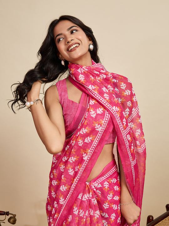 Pink Linen Saree With Jari Border All Over Single Colour Printed Saree With Blouse Piece