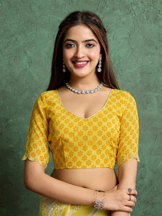 Poly Chiffon Leheriya Printed Saree With A Floral Touch And Swaroski Work With Scalloping