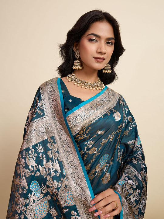 Teal Green Soft Silk Sarees Premium Two Tone Satin Fabric With Unique Designs Saree With Blouse Piece