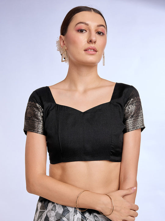 White & Black Dola Silk Saree With Blouse Piece