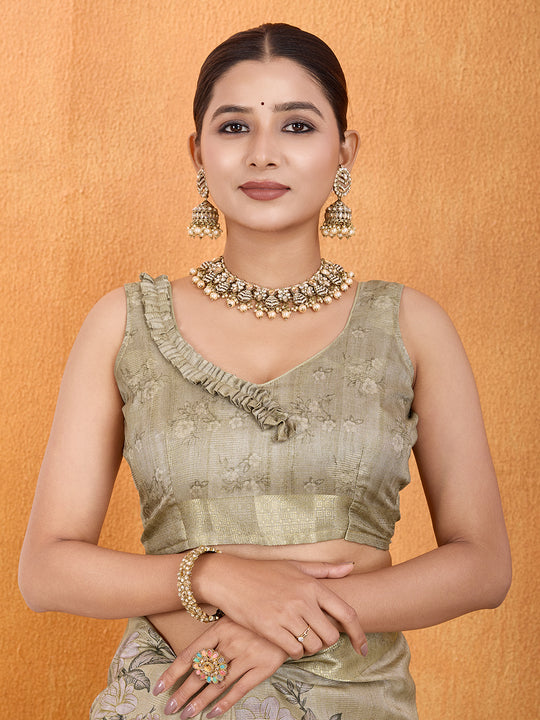 Khaki Silk Blend Saree With Blouse Piece