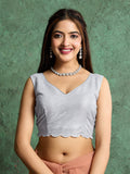 Pure Georgette Solid Embroidered Saree With Scalloping And Fancy Blouse
