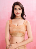 Peach Cotton Banarasi Woven Rich Pallu Printed Saree With Blouse Piece