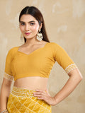 Poly Georgette Geometric Printed Saree With Embroidered Border And Blouse Piece