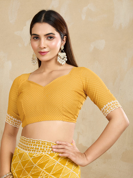 Poly Georgette Geometric Printed Saree With Embroidered Border And Blouse Piece