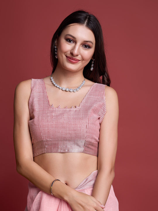 Peach Linen Blend Saree With Blouse Piece