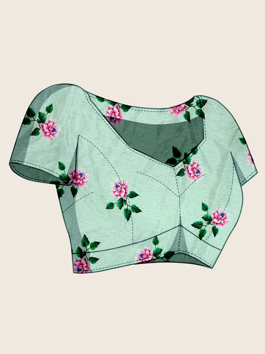 Ice Blue Chinon Saree All Over Single Colour Printed Saree With Blouse Piece