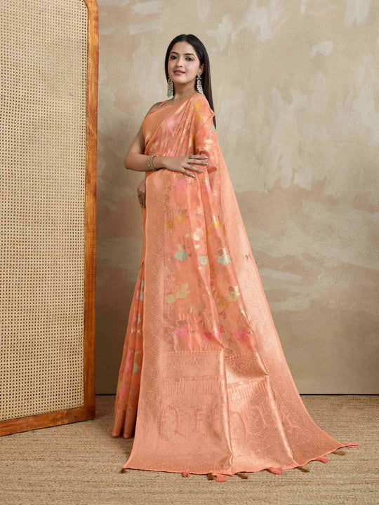 Peach Organza Banarasi Woven Rich Pallu With Blouse Piece