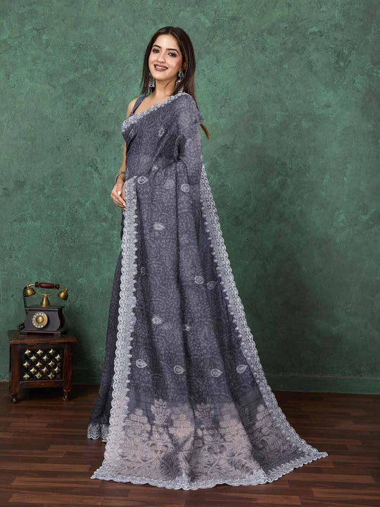 Grey Cotton Banarasi Printed Saree With Thread Embroidery Scalloping  Saree With Blouse Piece