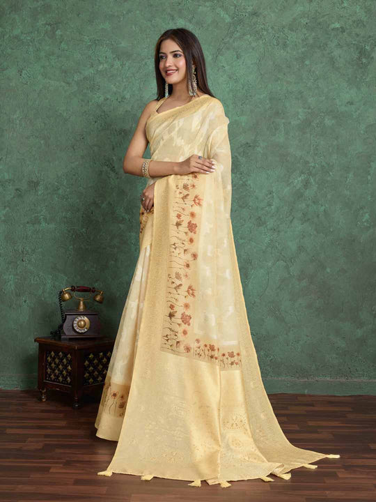 Yellow Pure Cotton Lucknowi Woven Printed Saree With Tassels Saree With Blouse Piece