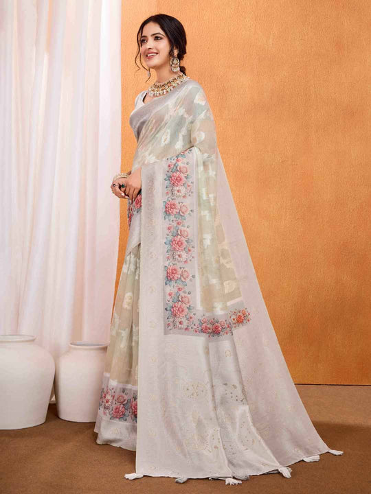 Grey Pure Cotton Lucknowi Woven Banarasi Saree With Ombre Floral Prints