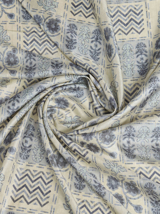 Milkywhite Pure Handloom Tussar Woven Pallu Ajrakh Printed With Blouse Piece