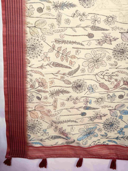 Beige Pure Tussar Viscose Border Paisley Digital Printed  With Blouse Piece