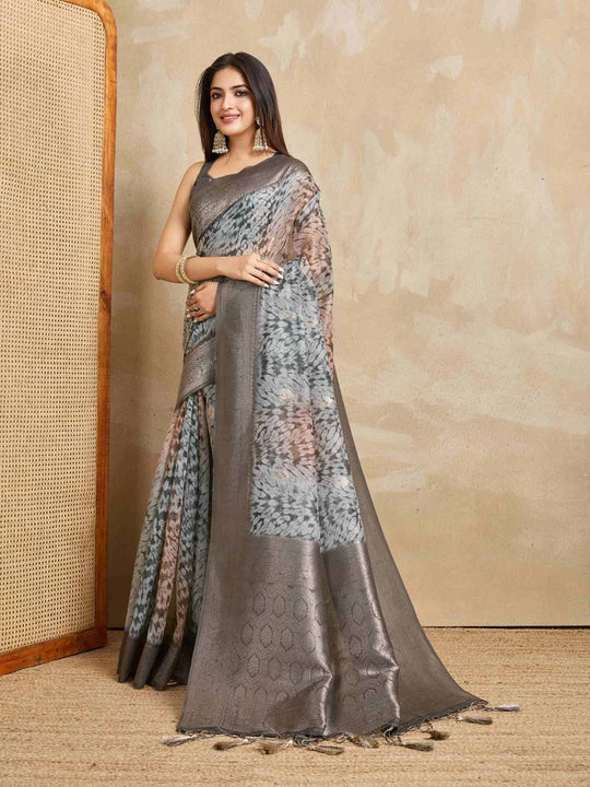 Grey Pure Cotton Tie And Dye Printed Banarasi Rich Pallu Saree With Zari Tassels Saree With Blouse Piece