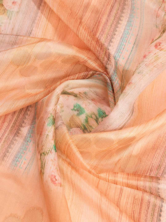 Peach Cotton Banarasi Woven Rich Pallu Printed Saree With Blouse Piece