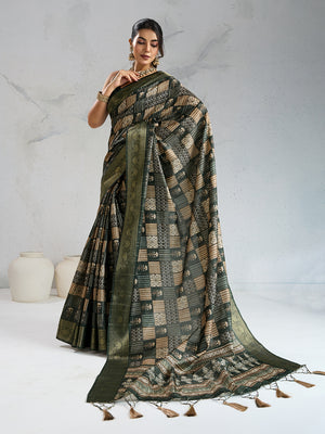 Poly Silk Woven Floral Digital Printed Saree With Woven Jacquard Border And Fancy Tassels