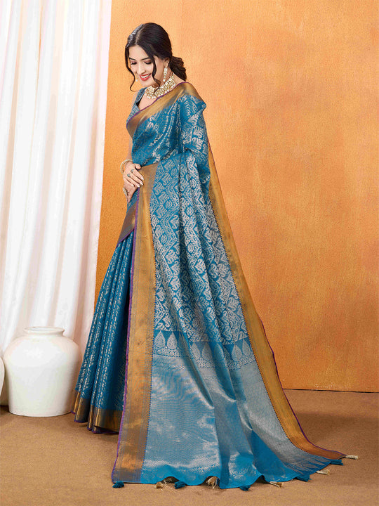 Indigo Blue Ikkat Woven Kajeevaram Silk Rich Pallu With Blouse Piece