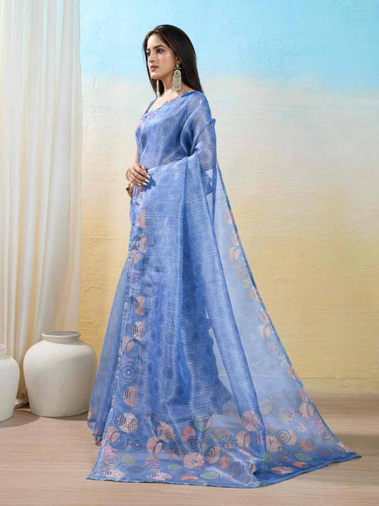 Blue Organza Zari Woven Printed Saree With Hand-Sequence Embellishment Saree With Blouse Piece