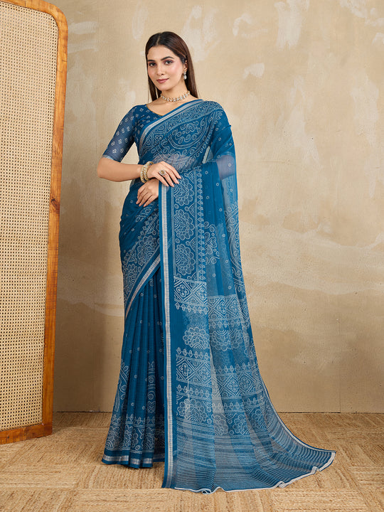 Pure Chiffon Bandhani Printed Saree With Viscose Woven Border And Blouse Piece