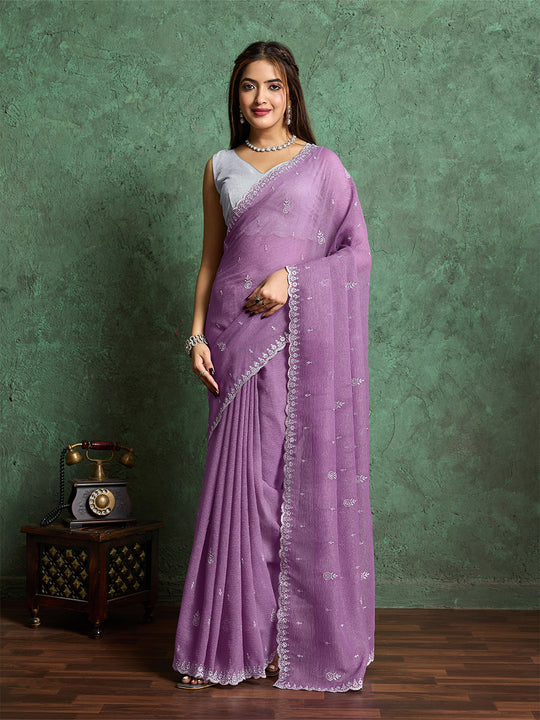 Pure Georgette Solid Embroidered Saree With Scalloping And Fancy Blouse