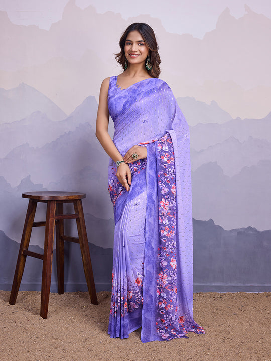 Purple Poly Chiffon Saree With Blouse Piece