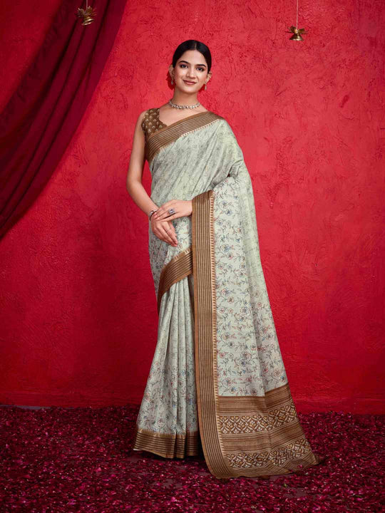 Green Pure Tussar Viscose Border Paisley Digital Printed  With Blouse Piece