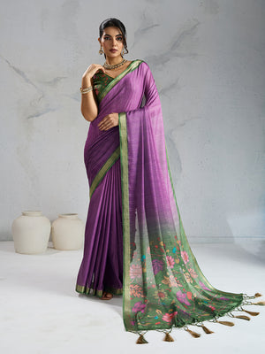 Pure Chiffon Digital Printed Woven Saree With Woven Border And Fancy Tassels