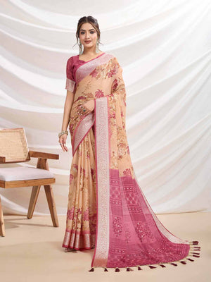 Peach Silk Chiffon Viscose Border Floral Printed Saree Saree With Blouse Piece