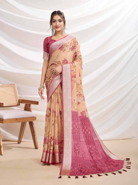 Peach Silk Chiffon Viscose Border Floral Printed Saree Saree With Blouse Piece