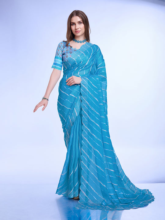 Blue Poly Chiffon Festival Saree With Blouse Piece