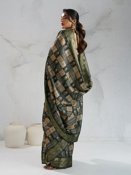 Poly Silk Woven Floral Digital Printed Saree With Woven Jacquard Border And Fancy Tassels