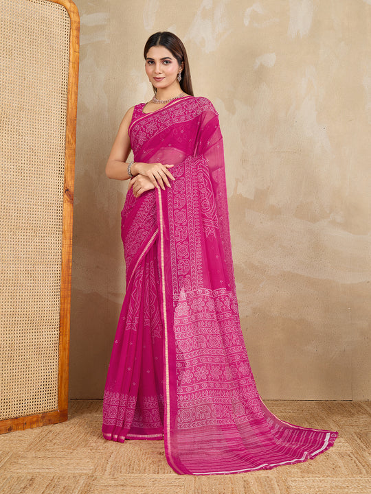 Pure Chiffon Bandhani Printed Saree With Viscose Woven Border And Blouse Piece
