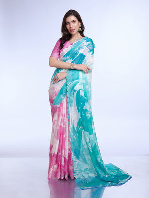 Blue Poly Chiffon Festival Saree With Blouse Piece