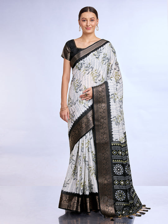White & Black Dola Silk Saree With Blouse Piece