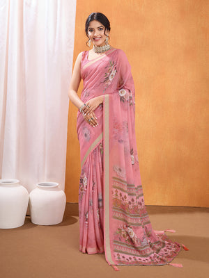 Pink Poly Crepe Party Wear Saree With Blouse Piece